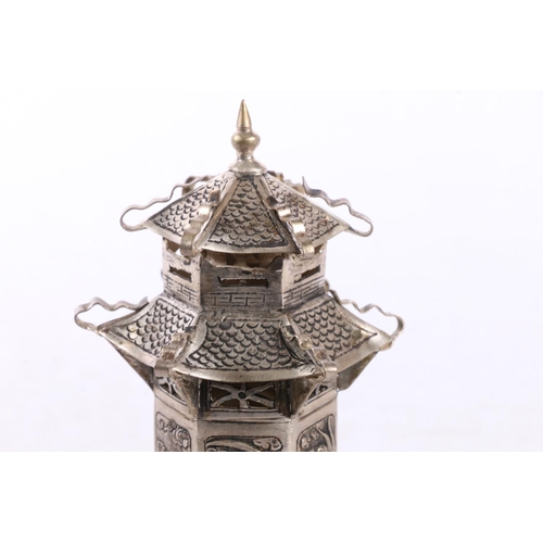 600 - Chinese white metal vesta case or incense holder in the form of a Pagoda, H9cm