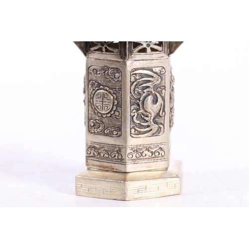 600 - Chinese white metal vesta case or incense holder in the form of a Pagoda, H9cm