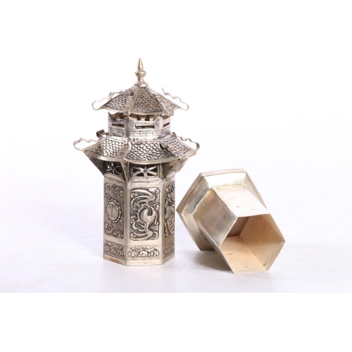 600 - Chinese white metal vesta case or incense holder in the form of a Pagoda, H9cm