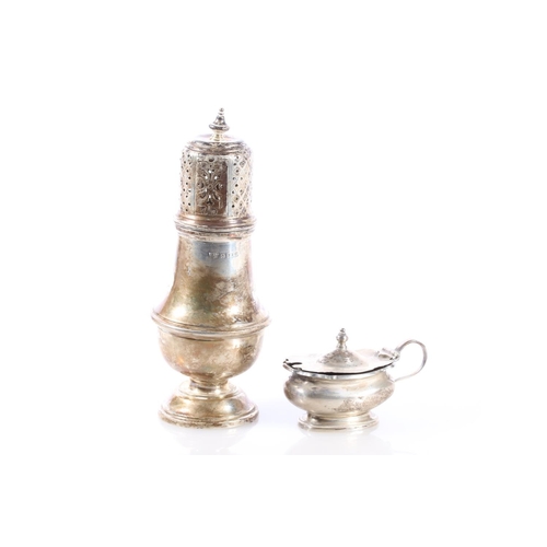 602 - Hallmarked silver sugar caster together with a small silver mustard pot with blue glass liner, silve... 