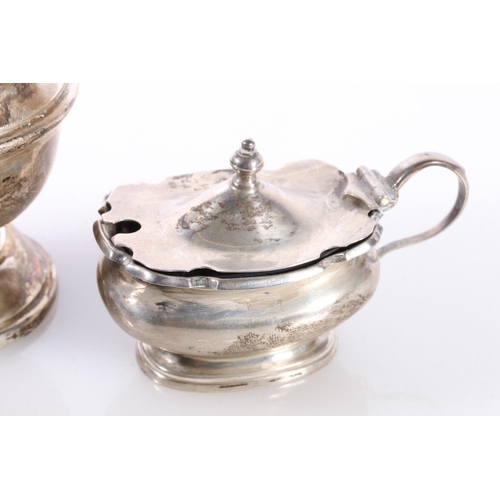 602 - Hallmarked silver sugar caster together with a small silver mustard pot with blue glass liner, silve... 