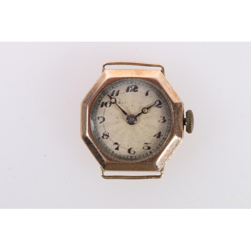 607 - Small mid-20th century 9ct gold ladies wristwatch head, case weight 2.3g