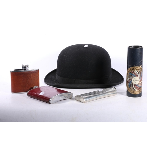 66 - Joseph Wilson & Son bowler hat, three hip flasks and a kaleidoscope.