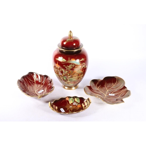 80 - Carlton Ware Rouge Royale to include a jar and cover, a Spider Web bowl, and two leaf shaped bowls.