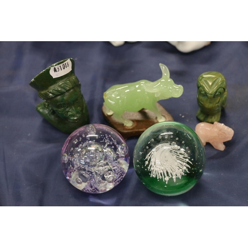 82 - Chinese hardstone buffalo, other small animals, and paperweights.