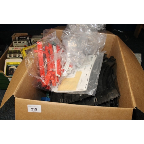 215 - Box containing Scalextric, mainly track and accessories with two Minis.