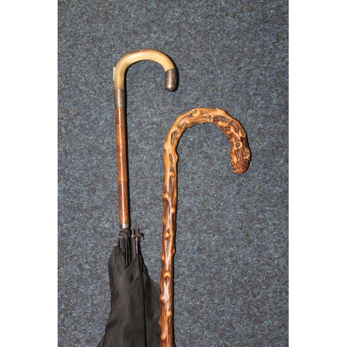 309 - Silver topped umbrella and a wooden walking stick.  (2)