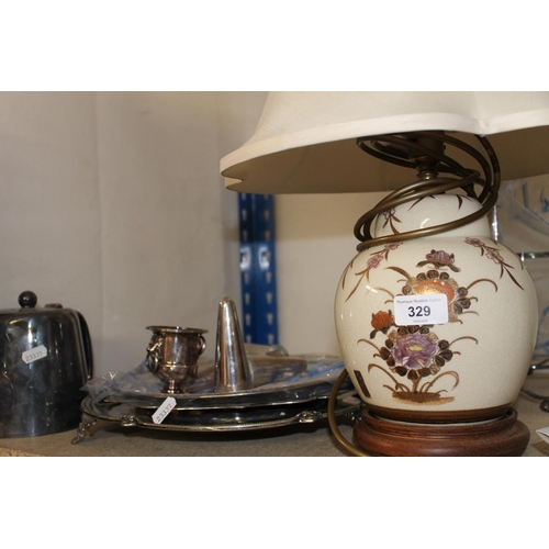 329 - Oriental table lamp, silver-plated trays, condiments, etc.