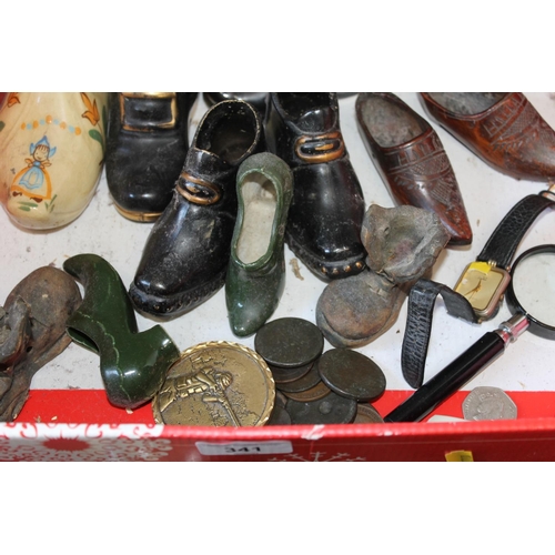 341 - Miniature porcelain and wooden shoes, etc.