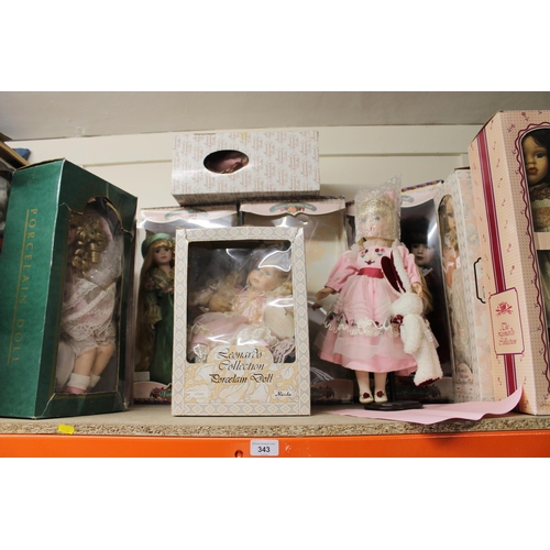 343 - Porcelain dolls, many boxed.  (12)