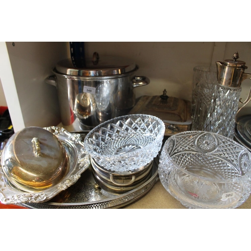 348 - Silver-plated soup pot, a tureen and cover, cut-glass bowls, etc.