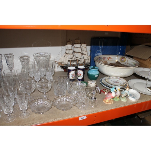 350 - Glassware, Beatrix Potter figures, model of a ship, etc.