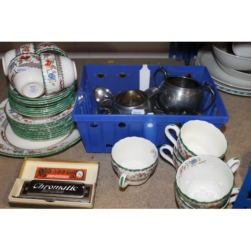 363 - Copeland Spode part teaset, a harmonica, flatware, etc.