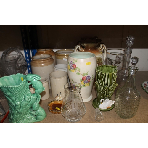 364 - Stoneware jars, glass decanters, a Sylvac vase, etc.