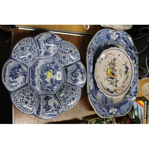 387 - Delft style blue and white lobed bowl, blue and white charger, etc.