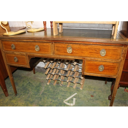 620 - Edwardian mahogany kneehole writing desk of two long drawers over two short, with green leather skiv... 