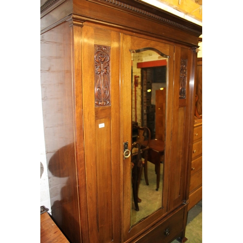 630 - Late Victorian mahogany wardrobe with single glazed door over large drawer, panels with Art Nouveau ... 