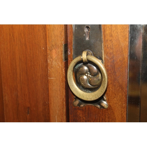 630 - Late Victorian mahogany wardrobe with single glazed door over large drawer, panels with Art Nouveau ... 