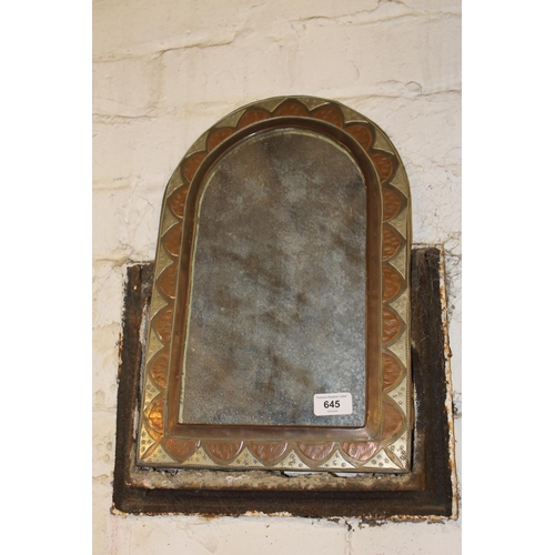 645 - Islamic style arch top mirror with copper and pewter metal work to border.