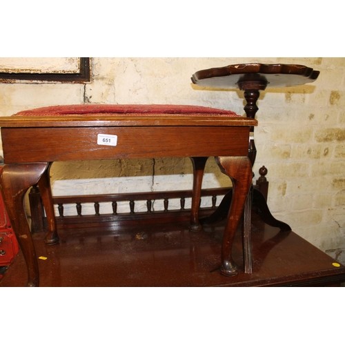 651 - Mahogany piano stool and a tea table.