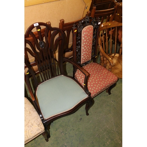 656 - Art Deco style dark mahogany armchair and two other chairs.