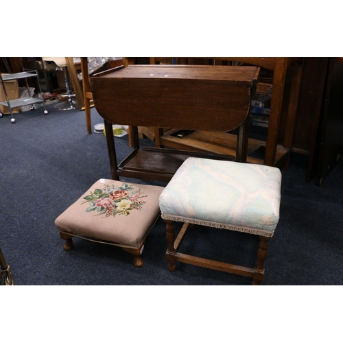 682 - Oak tea trolley and two footstools.