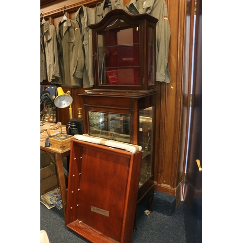 687 - Mahognay display cabinet, smaller table top cabinet and display shelves (3)