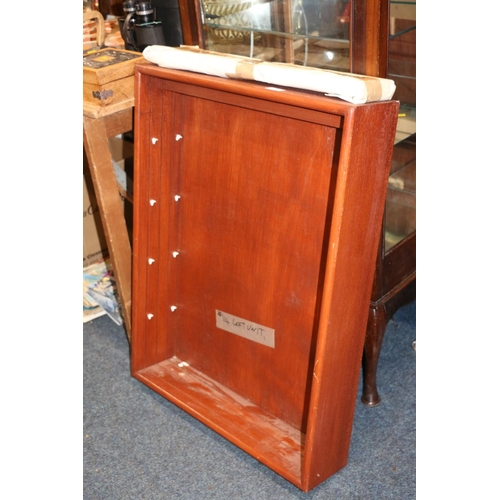 687 - Mahognay display cabinet, smaller table top cabinet and display shelves (3)