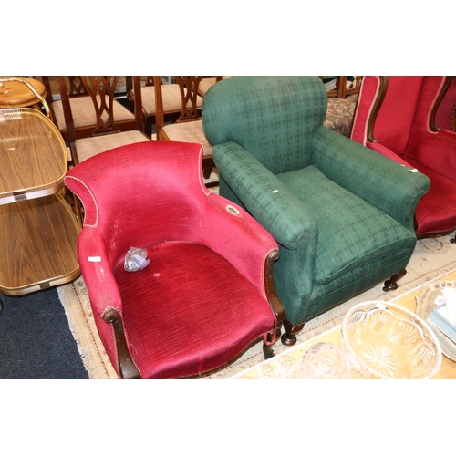 698 - Padded green upholstered armchair and a pink upholstered armchair.