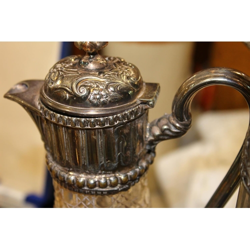 196B - Four piece silver plated tea service, glass and silver plate jug, ewer and an finely decorated entre... 