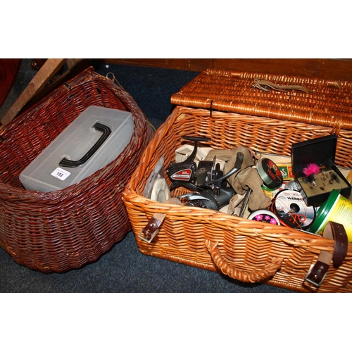 153 - Vintage wicker fishing crate and a wicker picnic hamper containing fishing tackle to include lines, ... 