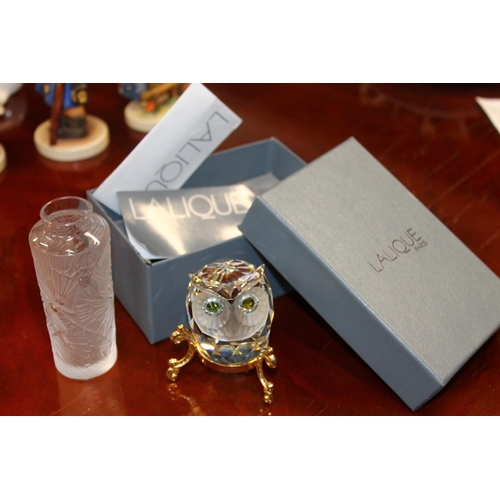 195C - Lalique Art Glass miniature vase decorated with fairies, boxed, and a Swarovski owl.