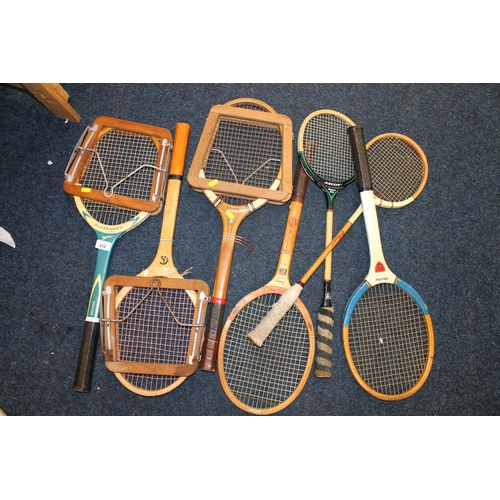 212 - Vintage tennis rackets to include Slazenger, Wilson, etc.