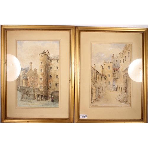 402 - JAMES NIMMO (Scottish, active 1881-1898), pair of street scenes, watercolours, signed lower left, 35... 