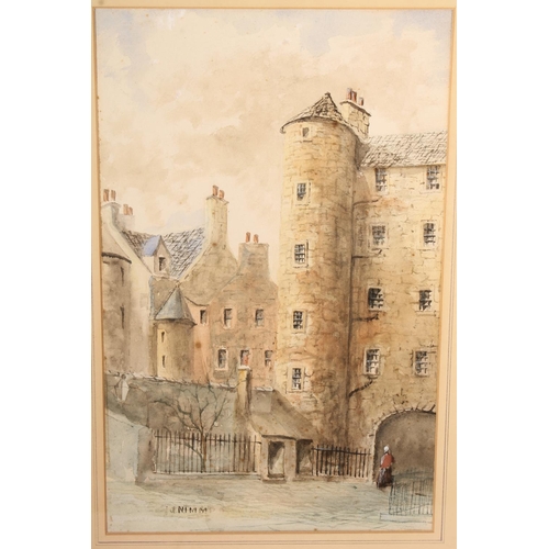 402 - JAMES NIMMO (Scottish, active 1881-1898), pair of street scenes, watercolours, signed lower left, 35... 