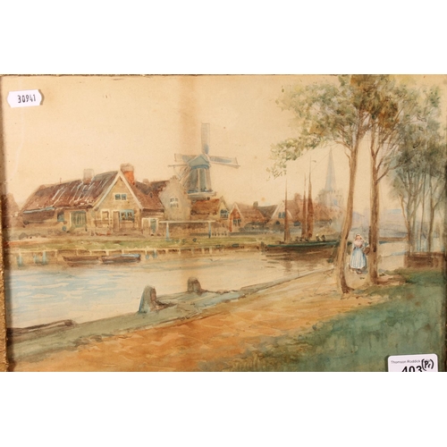 403 - VAN MARKEN, a pair of Dutch scenes with windmills, signed watercolours, 24cm x 34cm, in ornate frame... 