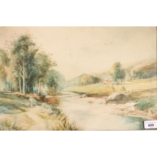 409 - FRED ? (late 19th or early 20th century), figure by a river, watercolour, signed lower left, 29cm x ... 