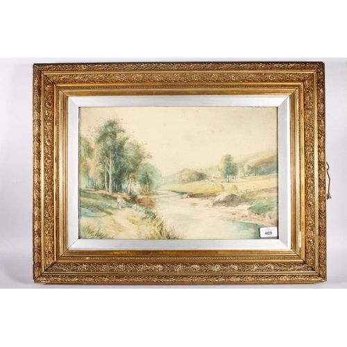 409 - FRED ? (late 19th or early 20th century), figure by a river, watercolour, signed lower left, 29cm x ... 