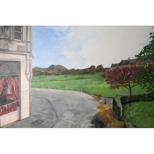 441 - SANDY MOFFAT, Poet's Pub print, 37cm x 50cm, frame 52cm x 62cm and an unsigned oil painting, 49cm x ... 