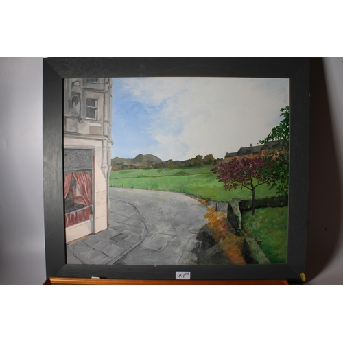 441 - SANDY MOFFAT, Poet's Pub print, 37cm x 50cm, frame 52cm x 62cm and an unsigned oil painting, 49cm x ... 