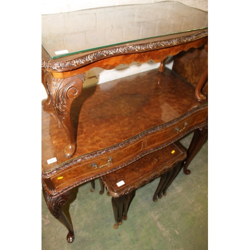 643 - 20th century reproduction walnut side table with two drawers along with a similar coffee table and a... 