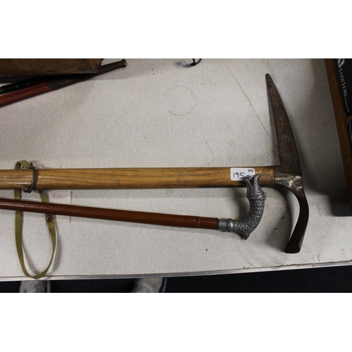 195G - Grivel of Italy hiker's axe, and a walking stick with serpent handle.