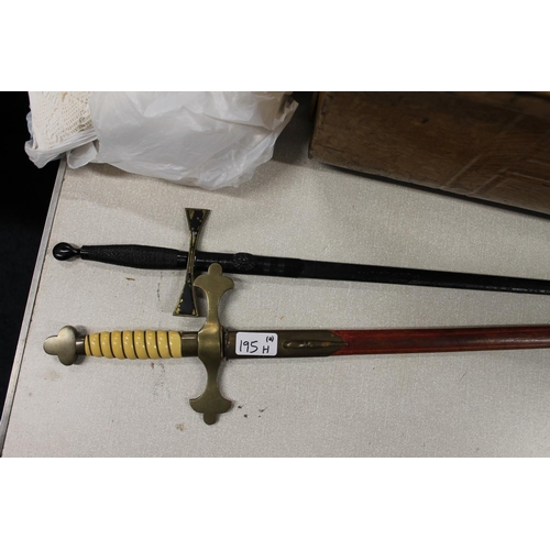 195H - Masonic interest, two Knights Templar swords, the smaller one with etched blade 'Bank Buildings Belf... 