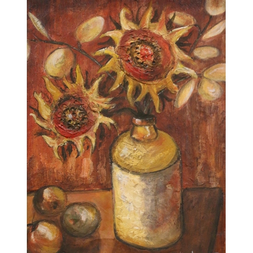 401 - CLIVE LAWRENCE, still life sunflowers in a stoneware bottle, oil on board, signed lower right, 24cm ... 