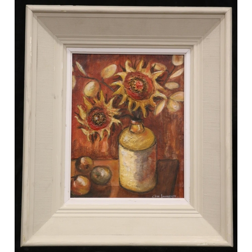 401 - CLIVE LAWRENCE, still life sunflowers in a stoneware bottle, oil on board, signed lower right, 24cm ... 