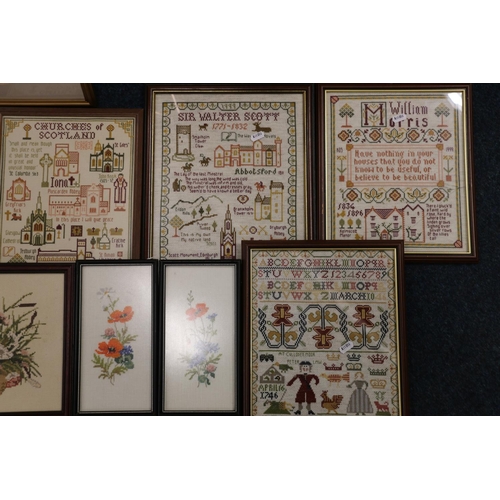 410 - Fifteen framed needlework panels.