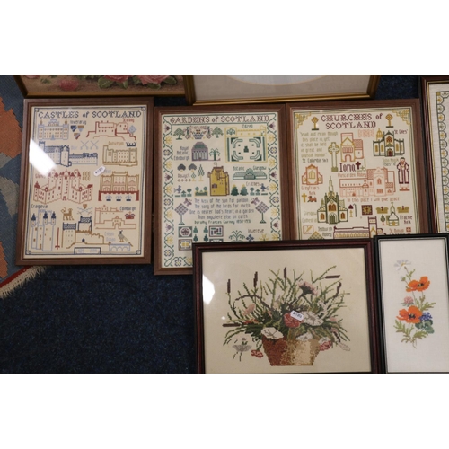 410 - Fifteen framed needlework panels.