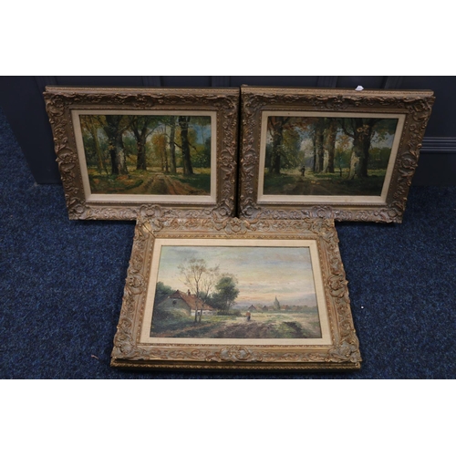 412 - BIESHAAR, woods and town scenes, three oil paintings on canvas, signed, 20cm x 30cm, frames 31cm x 4... 