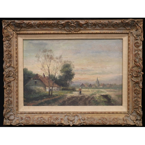 412 - BIESHAAR, woods and town scenes, three oil paintings on canvas, signed, 20cm x 30cm, frames 31cm x 4... 