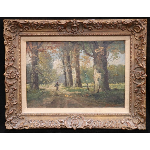 412 - BIESHAAR, woods and town scenes, three oil paintings on canvas, signed, 20cm x 30cm, frames 31cm x 4... 